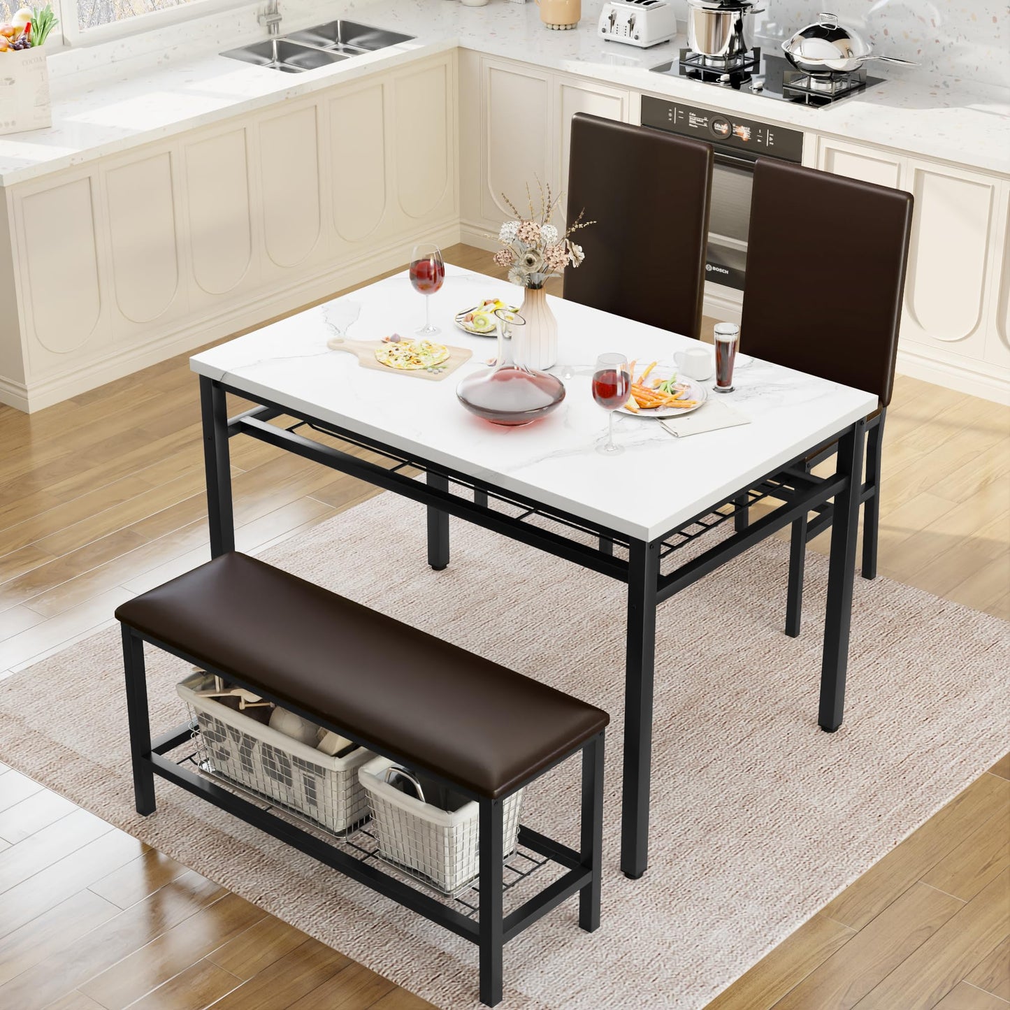 AWQM Marble 4-person dining table PU leather stool