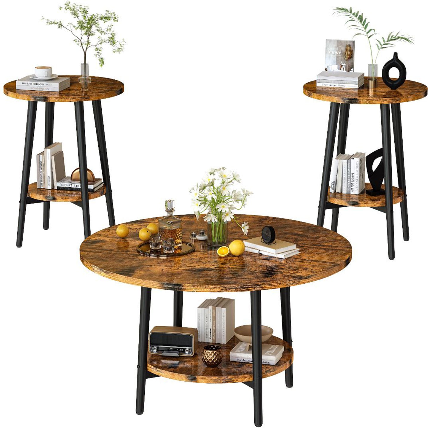 3piece Double Storage Round Coffee Table, Living Room Storage Table, Wood MDF Desktop and Metal Frame, Modern Style, Living Room/Bedroom.