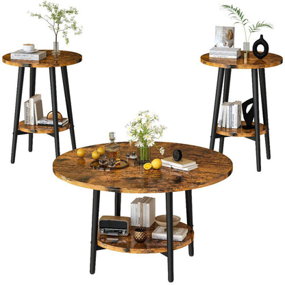 3piece Double Storage Round Coffee Table, Living Room Storage Table, Wood MDF Desktop and Metal Frame, Modern Style, Living Room/Bedroom.