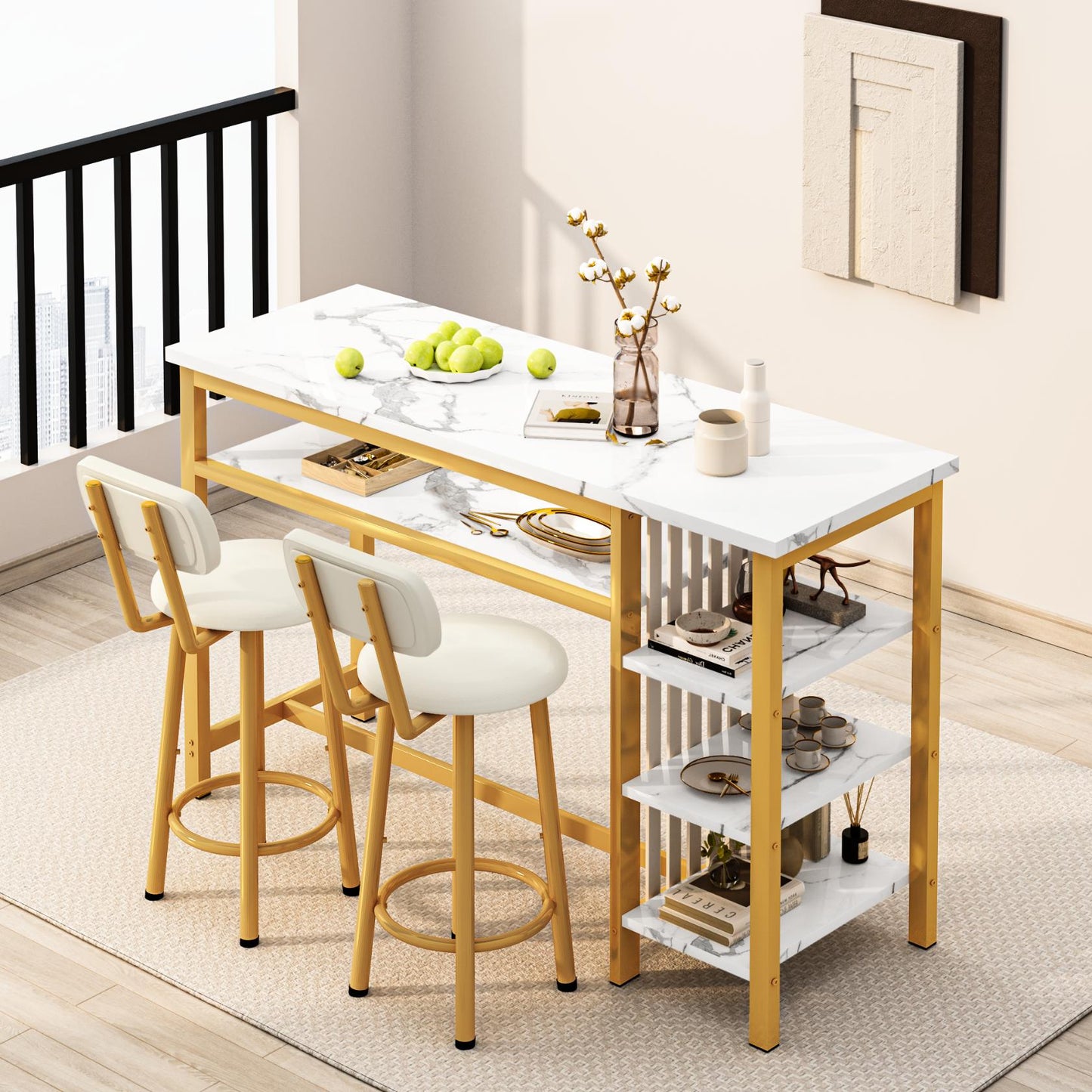 AWQM Bar Table and Chairs Set with Backrest for 2, Kitchen Counter Height Table Set with 4 Storage Shelves, Modern Pub Table with 2 PU Upholstered Stools for Kitchen, Dining Room, Rustic Brown+Black