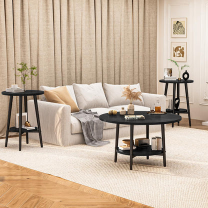 3piece Double Storage Round Coffee Table, Living Room Storage Table, Wood MDF Desktop and Metal Frame, Modern Style, Living Room/Bedroom.
