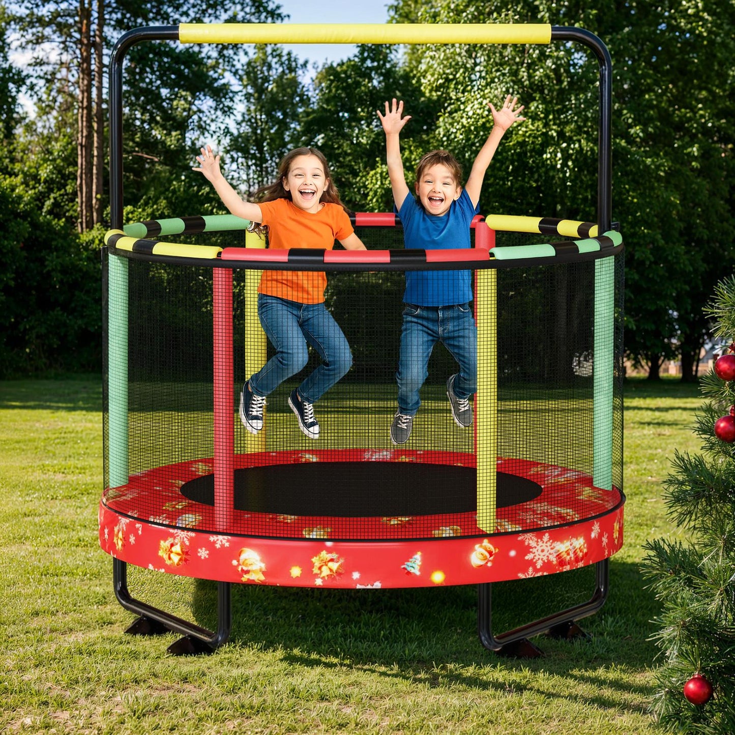 AWQM 55" 7-in-1 Round Trampoline for Kids Boys & Girls Ages 1-8, Indoor & Outdoor Trampoline for Fun, Adjustable Height Handrail ＆ Enclosed Safety Net ＆ Durable Designs for Toddlers Children