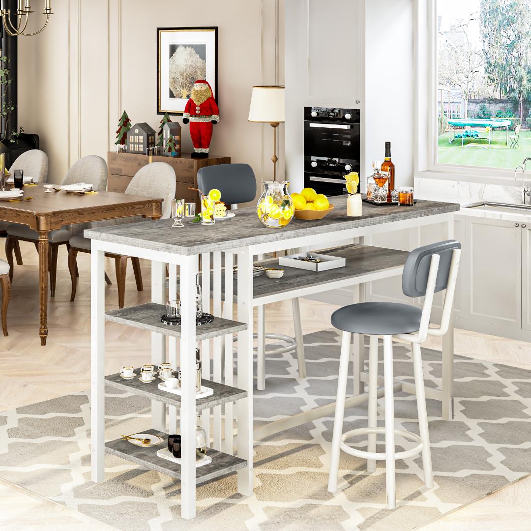 AWQM Bar Table and Chairs Set with Backrest for 2, Kitchen Counter Height Table Set with 4 Storage Shelves, Modern Pub Table with 2 PU Upholstered Stools for Kitchen, Dining Room, Rustic Brown+Black