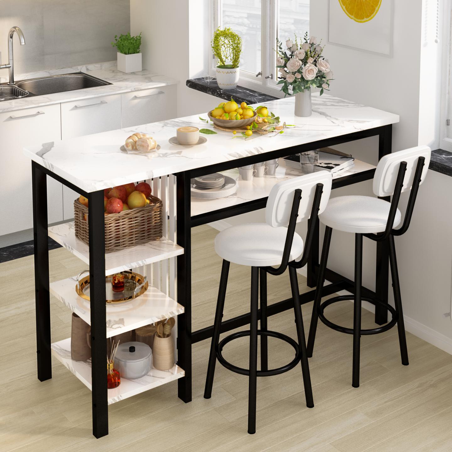 AWQM Bar Table and Chairs Set with Backrest for 2, Kitchen Counter Height Table Set with 4 Storage Shelves, Modern Pub Table with 2 PU Upholstered Stools for Kitchen, Dining Room, Rustic Brown+Black