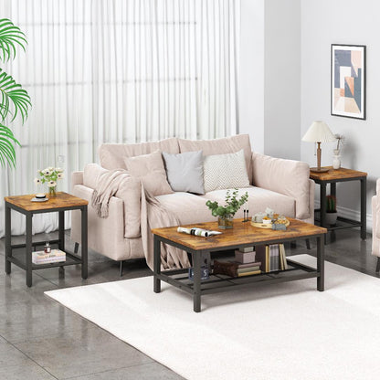 AWQM 3 Pieces Coffee Table Set, Industrial Coffee Table with 2 Square End Side Tables, Modern Living Room Table Set with Metal Frame for Apartment Home Office, Black