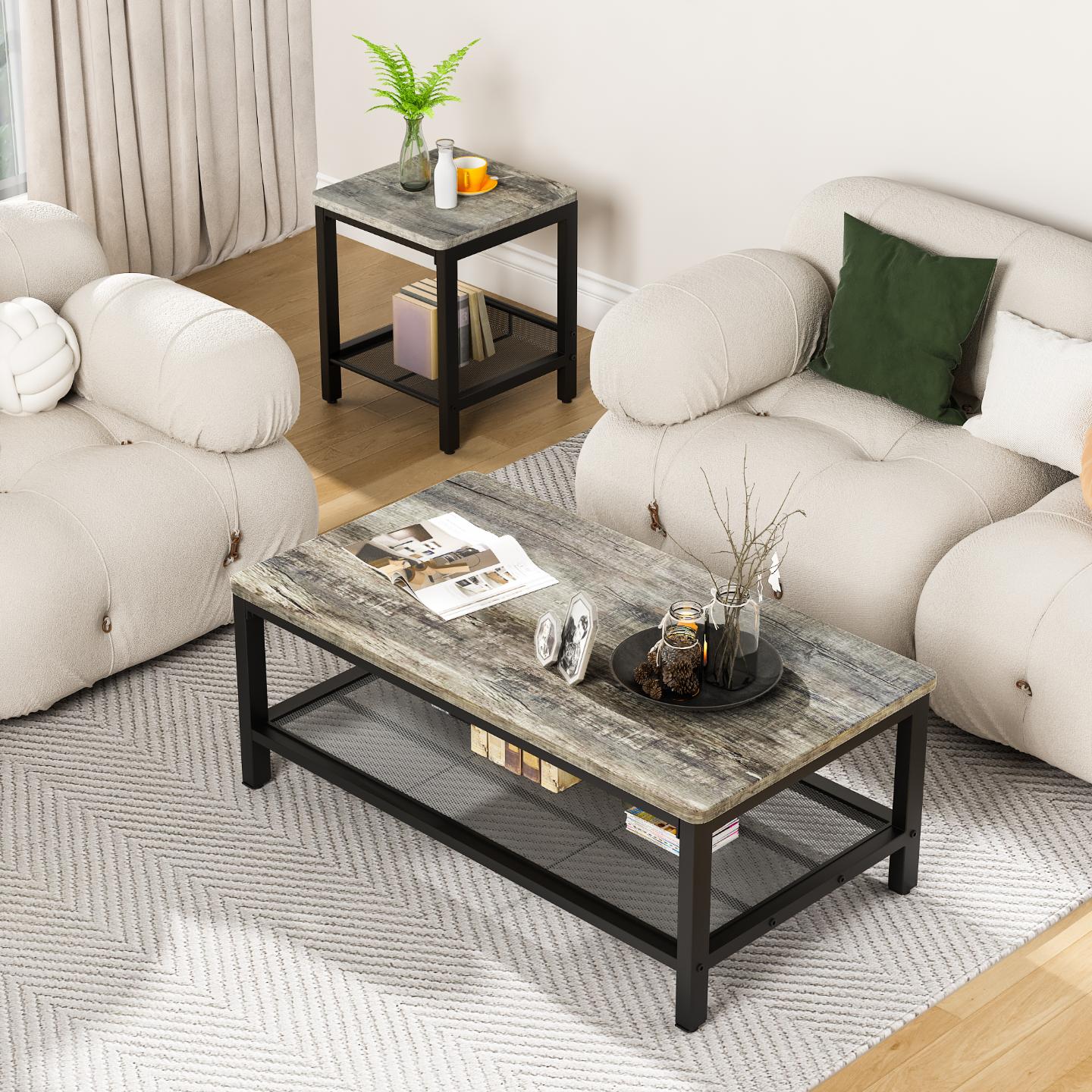 AWQM 3 Pieces Coffee Table Set, Industrial Coffee Table with 2 Square End Side Tables, Modern Living Room Table Set with Metal Frame for Apartment Home Office, Black