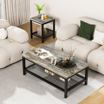 AWQM 3 Pieces Coffee Table Set, Industrial Coffee Table with 2 Square End Side Tables, Modern Living Room Table Set with Metal Frame for Apartment Home Office, Black
