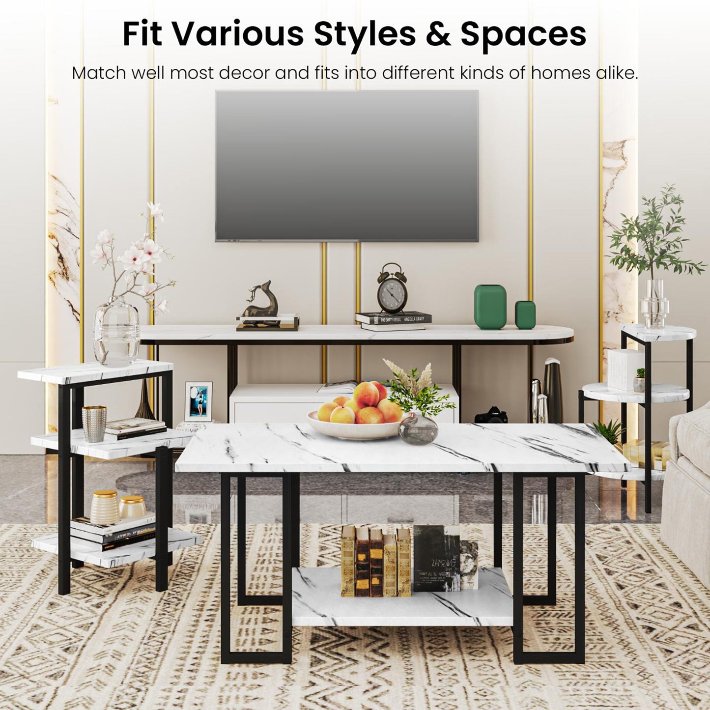 AWQM Faux Marble Table Set,Coffee Table & 2 Side Table, Faux Marble Tabletop and Metal Frame, 3 Piece Table Sets, for Living Room Apartment