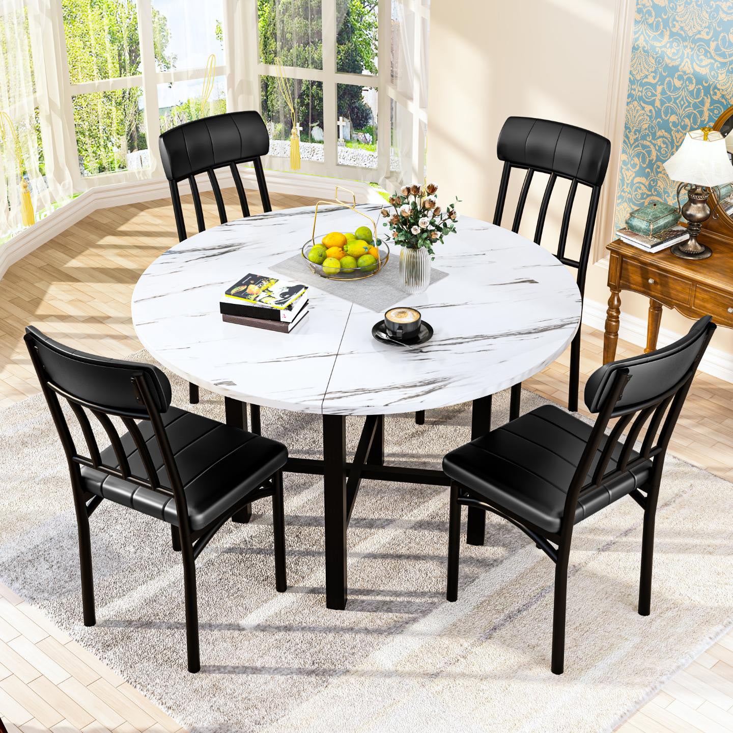 AWQM Round Dining Table Set for 4, Wood Circle Kitchen Table and Chairs Set for 4, Modern Dining Room Sets with 4 Faux Leather Chairs, Round Dinner Table for Small Space