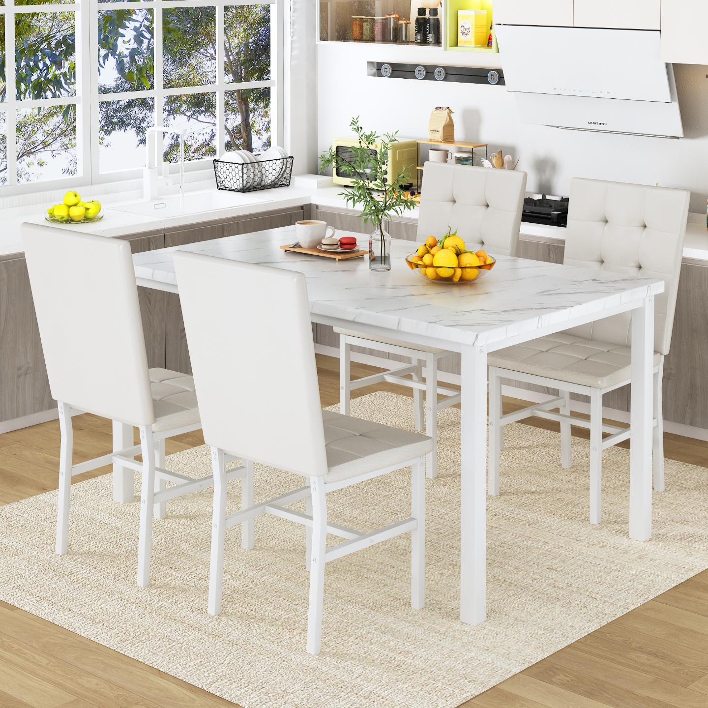 AWQM Dining Table Set for 4,Faux Marble Kitchen Table and Chairs Set of 4, Modern Dining Room Set for 4,Dinner Table Set with Velvet Chairs, Dining Set for Small Spaces
