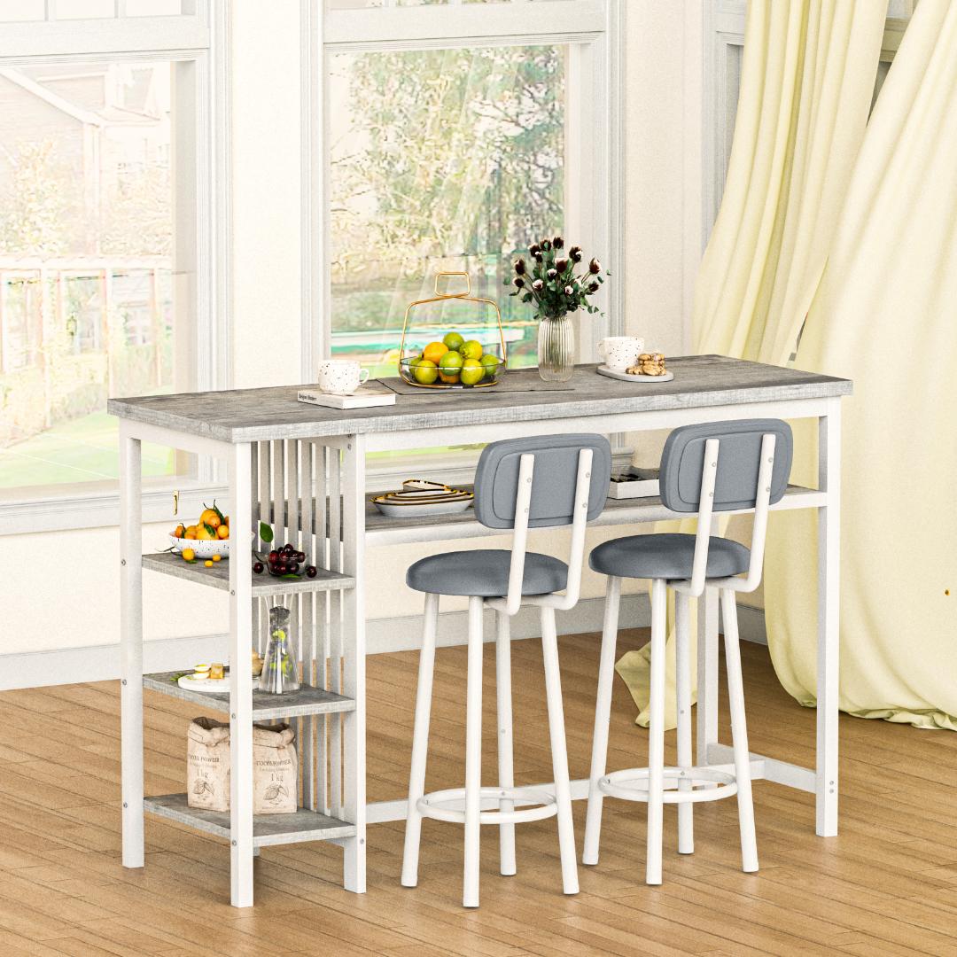 AWQM Bar Table and Chairs Set with Backrest for 2, Kitchen Counter Height Table Set with 4 Storage Shelves, Modern Pub Table with 2 PU Upholstered Stools for Kitchen, Dining Room, Rustic Brown+Black