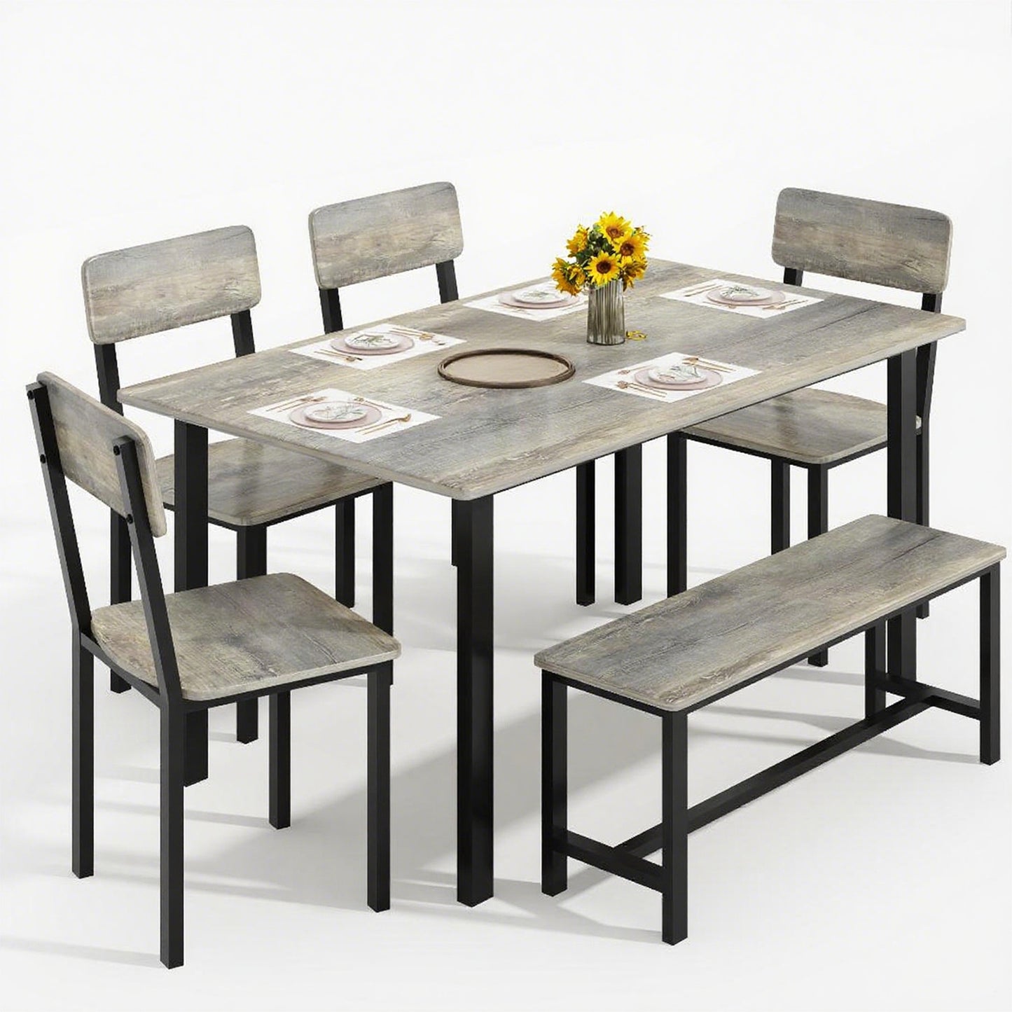 AWQM 6-Piece Dining Set, Modern Dining Table Set for 4-6,Kitchen Table Set with Chairs and Bench,Dining Room Table Set with Metal Frame & MDF Board, Table & Chairs Set for Small Space,Apartment,Grey