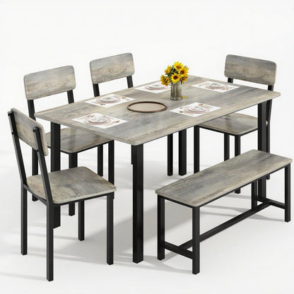 AWQM 6-Piece Dining Set, Modern Dining Table Set for 4-6,Kitchen Table Set with Chairs and Bench,Dining Room Table Set with Metal Frame & MDF Board, Table & Chairs Set for Small Space,Apartment,Grey