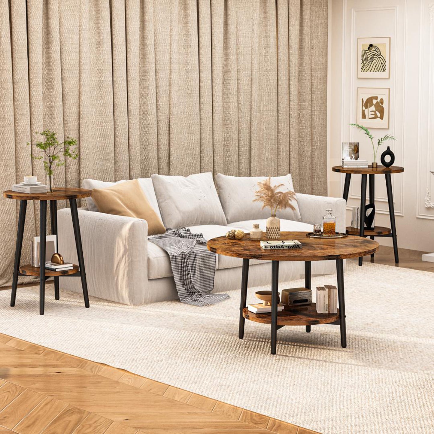 3piece Double Storage Round Coffee Table, Living Room Storage Table, Wood MDF Desktop and Metal Frame, Modern Style, Living Room/Bedroom.