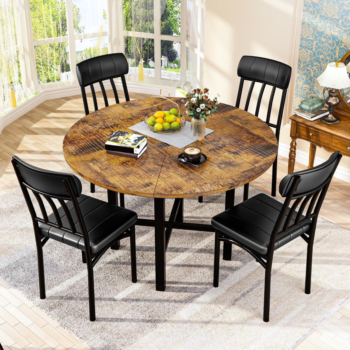 AWQM Round Dining Table Set for 4, Wood Circle Kitchen Table and Chairs Set for 4, Modern Dining Room Sets with 4 Faux Leather Chairs, Round Dinner Table for Small Space