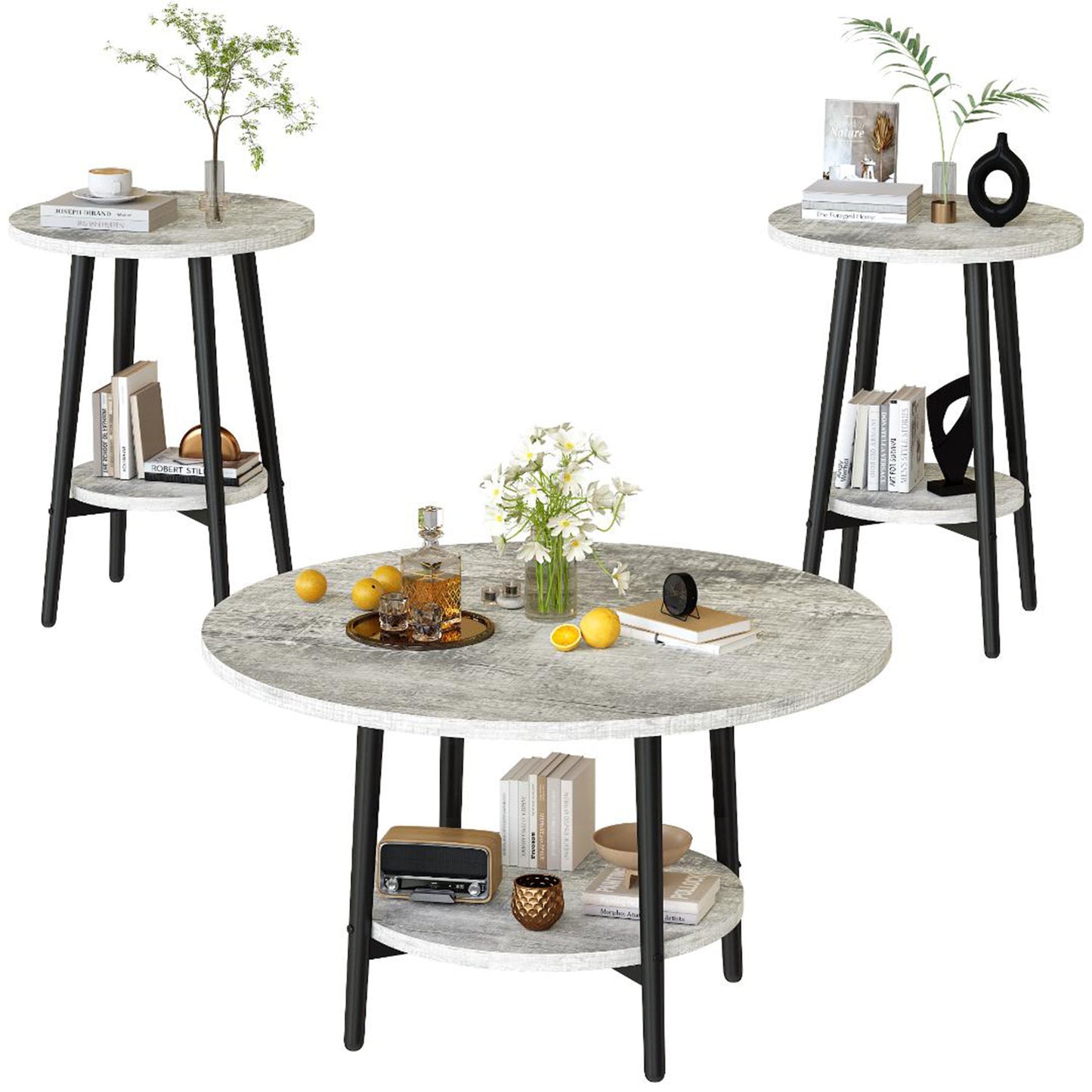 3piece Double Storage Round Coffee Table, Living Room Storage Table, Wood MDF Desktop and Metal Frame, Modern Style, Living Room/Bedroom.