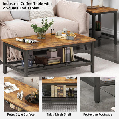 AWQM 3 Pieces Coffee Table Set, Industrial Coffee Table with 2 Square End Side Tables, Modern Living Room Table Set with Metal Frame for Apartment Home Office, Black