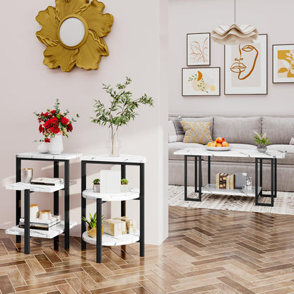 AWQM Faux Marble Table Set,Coffee Table & 2 Side Table, Faux Marble Tabletop and Metal Frame, 3 Piece Table Sets, for Living Room Apartment