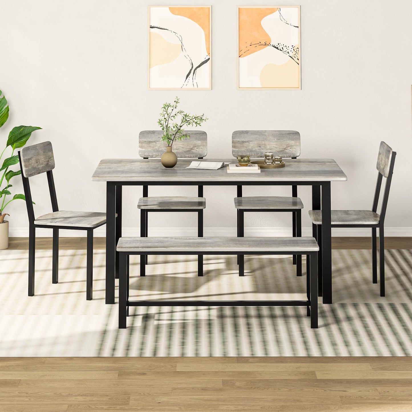 AWQM 6-Piece Dining Set, Modern Dining Table Set for 4-6,Kitchen Table Set with Chairs and Bench,Dining Room Table Set with Metal Frame & MDF Board, Table & Chairs Set for Small Space,Apartment,Grey