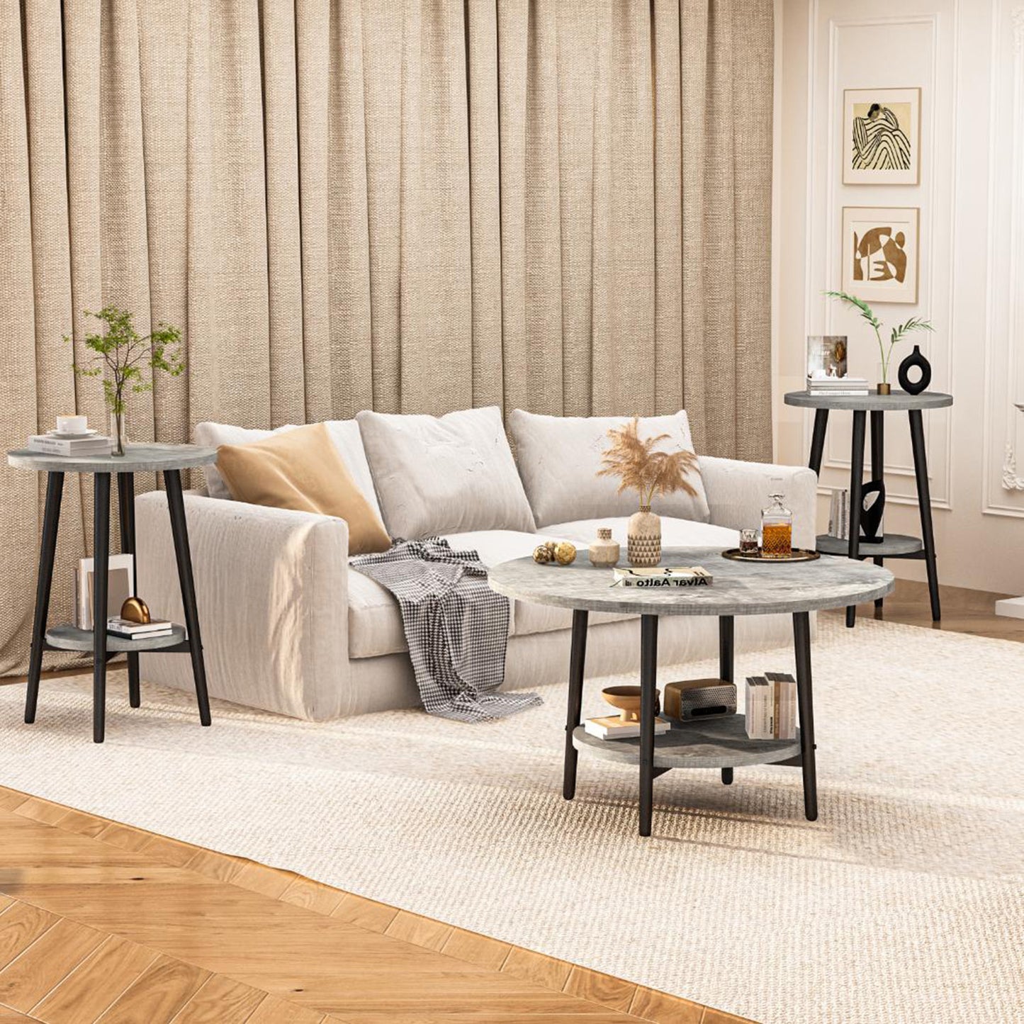 3piece Double Storage Round Coffee Table, Living Room Storage Table, Wood MDF Desktop and Metal Frame, Modern Style, Living Room/Bedroom.