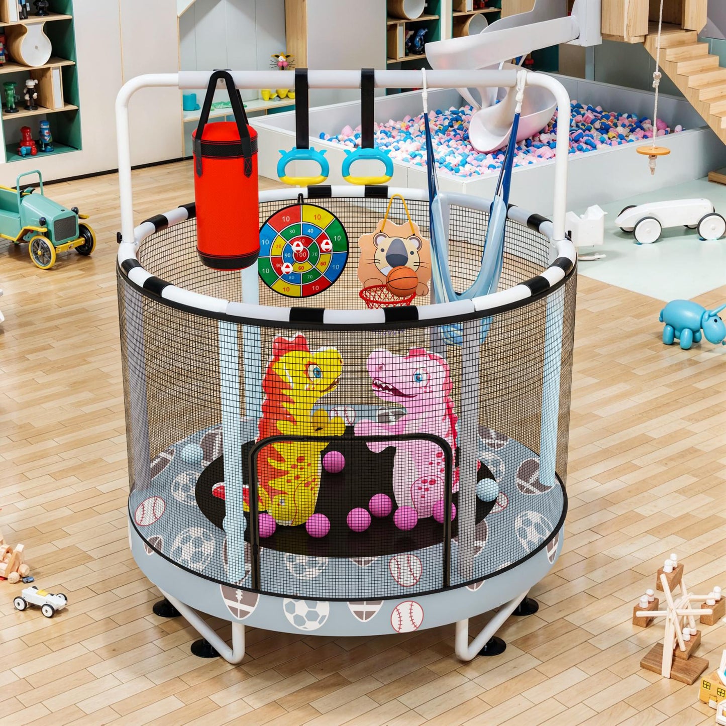 AWQM 55" 7-in-1 Round Trampoline for Kids Boys & Girls Ages 1-8, Indoor & Outdoor Trampoline for Fun, Adjustable Height Handrail ＆ Enclosed Safety Net ＆ Durable Designs for Toddlers Children