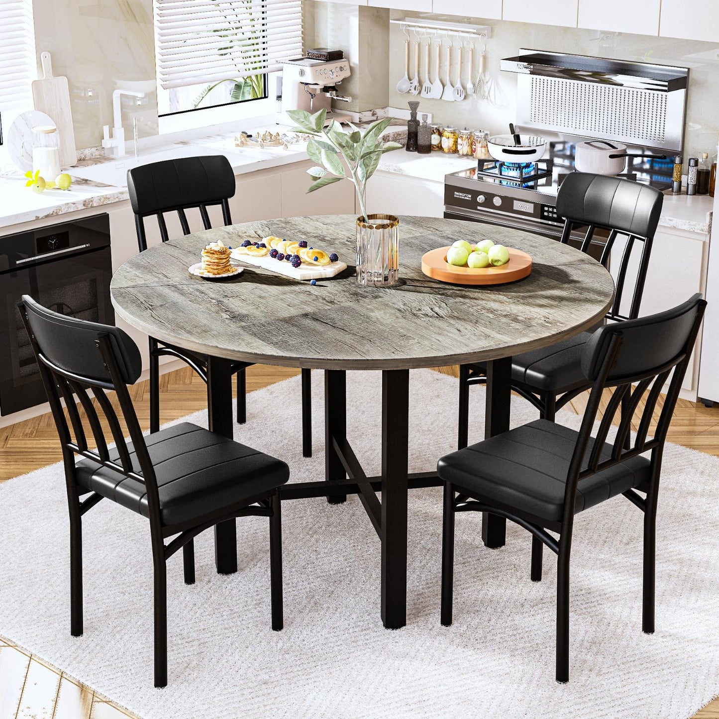 AWQM Round Dining Table Set for 4, Wood Circle Kitchen Table and Chairs Set for 4, Modern Dining Room Sets with 4 Faux Leather Chairs, Round Dinner Table for Small Space