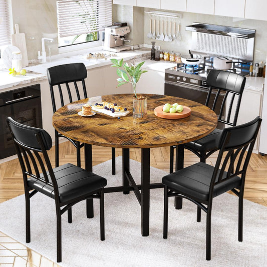 AWQM Round Dining Table Set for 4, Wood Circle Kitchen Table and Chairs Set for 4, Modern Dining Room Sets with 4 Faux Leather Chairs, Round Dinner Table for Small Space