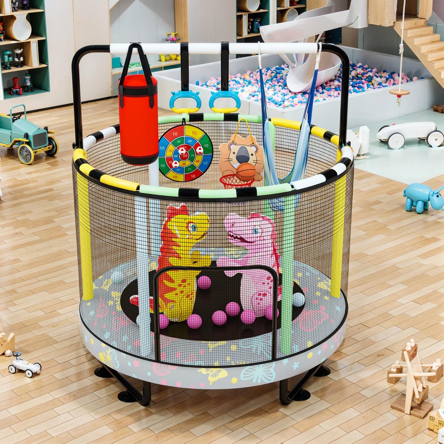 AWQM 55" 7-in-1 Round Trampoline for Kids Boys & Girls Ages 1-8, Indoor & Outdoor Trampoline for Fun, Adjustable Height Handrail ＆ Enclosed Safety Net ＆ Durable Designs for Toddlers Children
