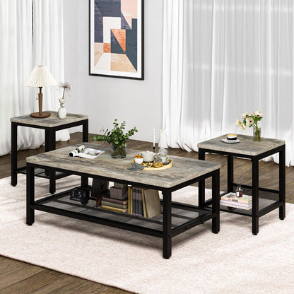 AWQM 3 Pieces Coffee Table Set, Industrial Coffee Table with 2 Square End Side Tables, Modern Living Room Table Set with Metal Frame for Apartment Home Office, Black