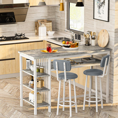 AWQM Bar Table and Chairs Set with Backrest for 2, Kitchen Counter Height Table Set with 4 Storage Shelves, Modern Pub Table with 2 PU Upholstered Stools for Kitchen, Dining Room, Rustic Brown+Black