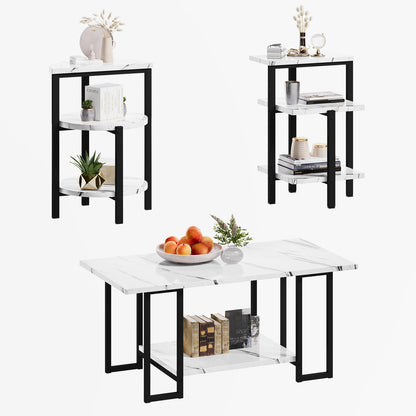 AWQM Faux Marble Table Set,Coffee Table & 2 Side Table, Faux Marble Tabletop and Metal Frame, 3 Piece Table Sets, for Living Room Apartment