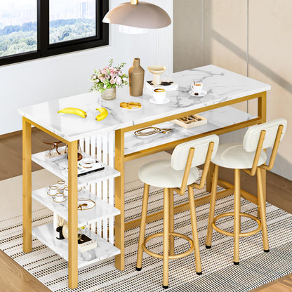 AWQM Bar Table and Chairs Set with Backrest for 2, Kitchen Counter Height Table Set with 4 Storage Shelves, Modern Pub Table with 2 PU Upholstered Stools for Kitchen, Dining Room, Rustic Brown+Black