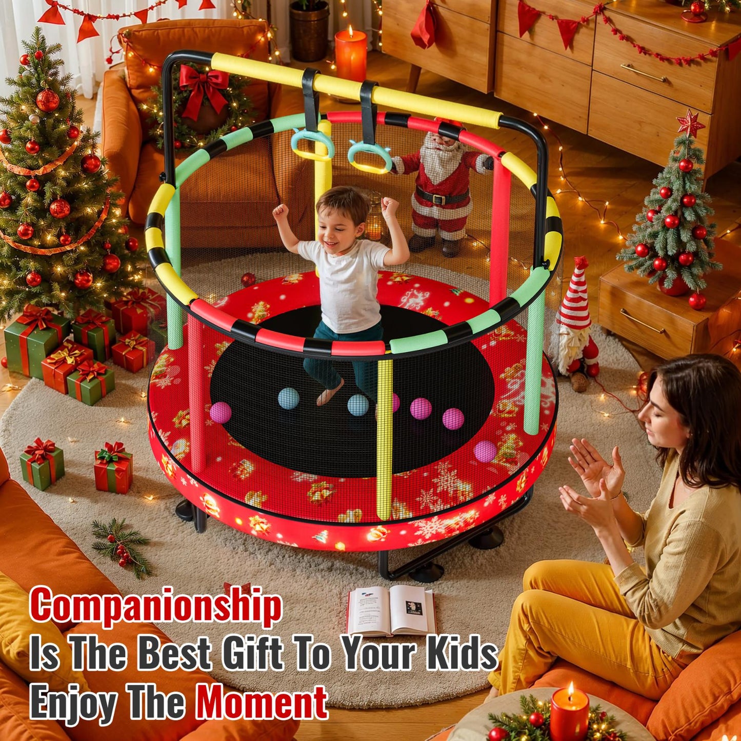 AWQM 55" 7-in-1 Round Trampoline for Kids Boys & Girls Ages 1-8, Indoor & Outdoor Trampoline for Fun, Adjustable Height Handrail ＆ Enclosed Safety Net ＆ Durable Designs for Toddlers Children