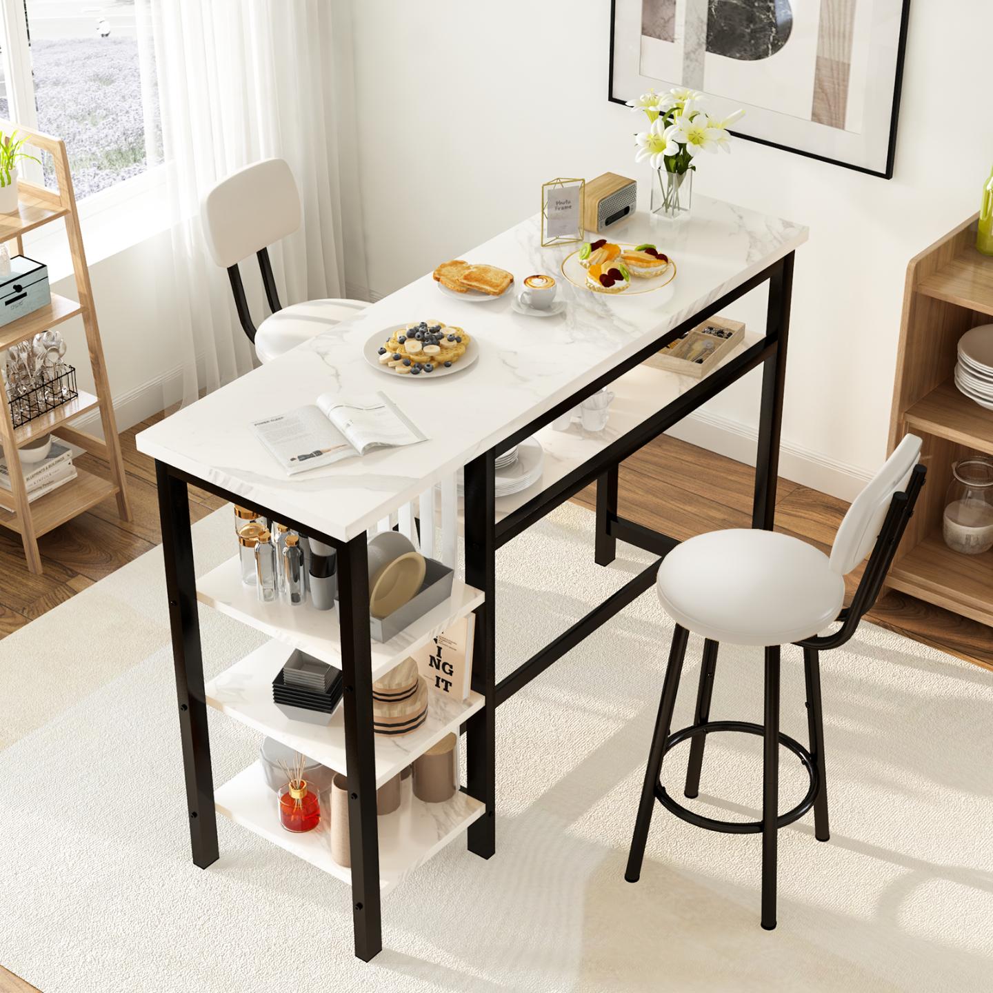 AWQM Bar Table and Chairs Set with Backrest for 2, Kitchen Counter Height Table Set with 4 Storage Shelves, Modern Pub Table with 2 PU Upholstered Stools for Kitchen, Dining Room, Rustic Brown+Black