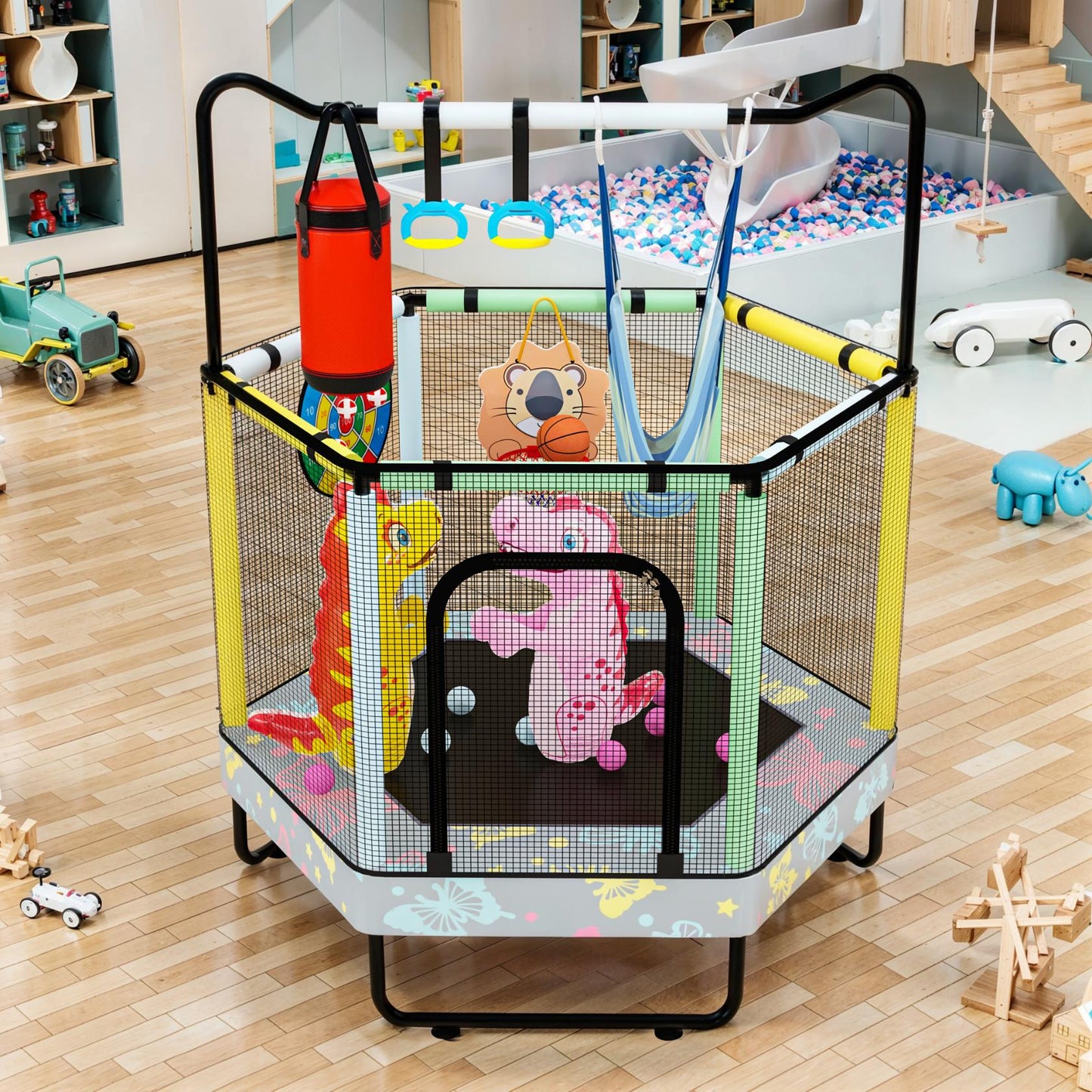 AWQM 55" Hexagon Trampoline, Indoor/Outdoor Trampoline, Safety Enclosure Net and Adjustable Handrail, 500lbs Capacity, 7-in-1