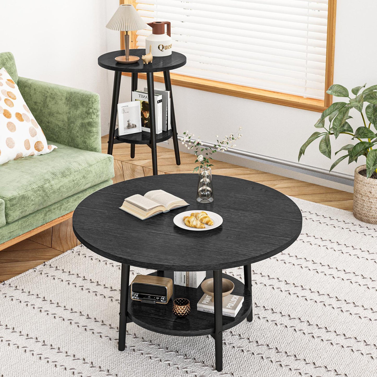 3piece Double Storage Round Coffee Table, Living Room Storage Table, Wood MDF Desktop and Metal Frame, Modern Style, Living Room/Bedroom.