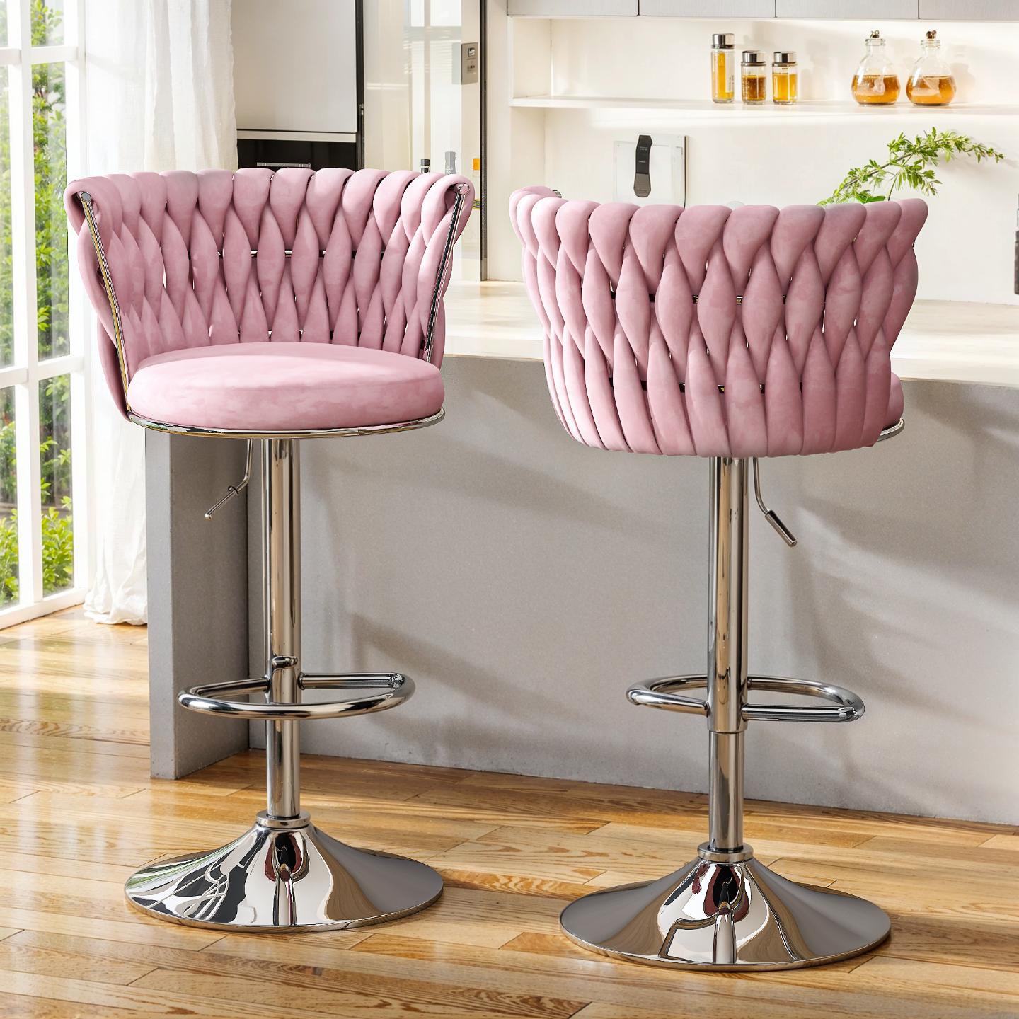 AWQM Velvet Bar Stools Set of 2,Counter Height Barstools Adjustable Kitchen Island Chairs,Swivel Barstool Upholstered Counter Bar Chairs with Back & Footrest