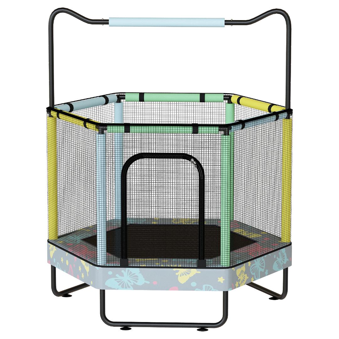 AWQM 55" Hexagon Trampoline, Indoor/Outdoor Trampoline, Safety Enclosure Net and Adjustable Handrail, 500lbs Capacity, 7-in-1
