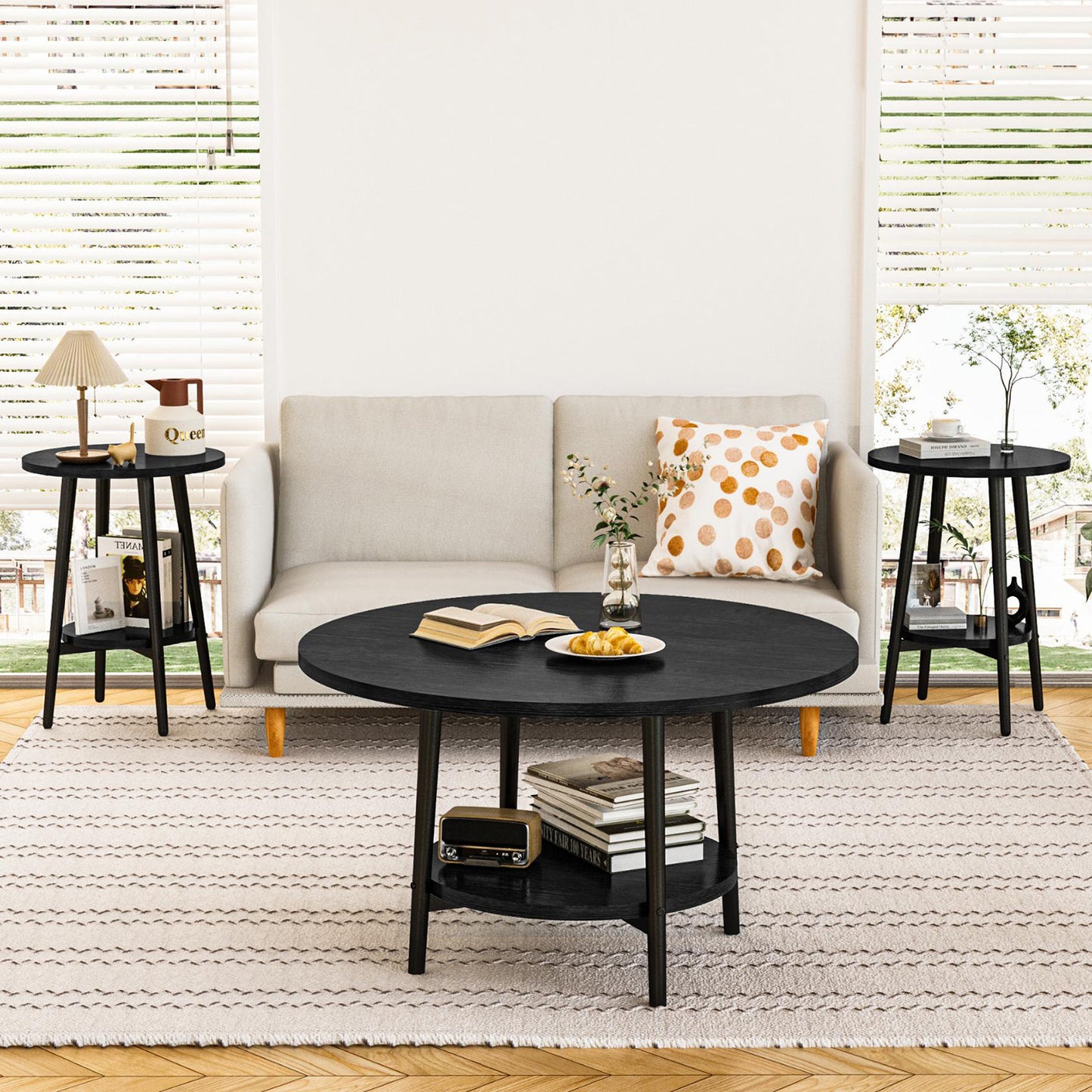 3piece Double Storage Round Coffee Table, Living Room Storage Table, Wood MDF Desktop and Metal Frame, Modern Style, Living Room/Bedroom.