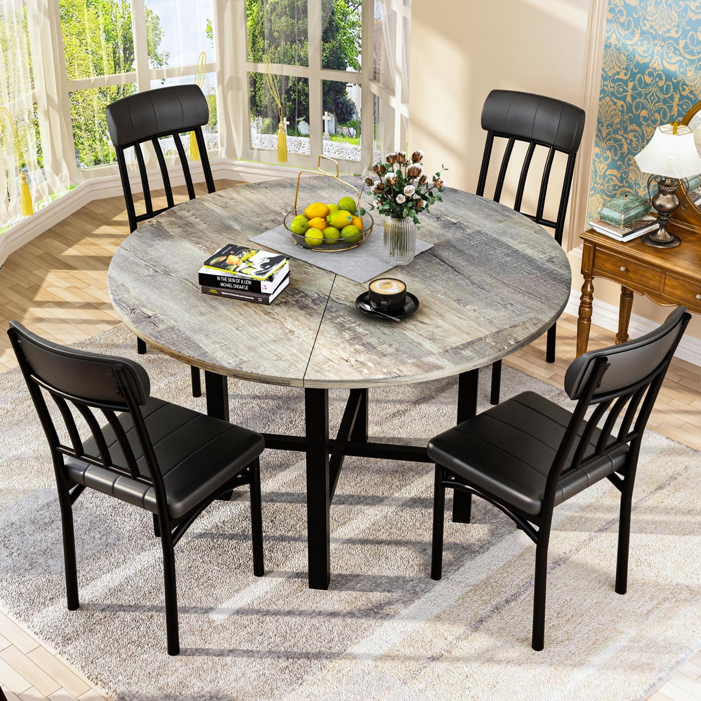 AWQM Round Dining Table Set for 4, Wood Circle Kitchen Table and Chairs Set for 4, Modern Dining Room Sets with 4 Faux Leather Chairs, Round Dinner Table for Small Space