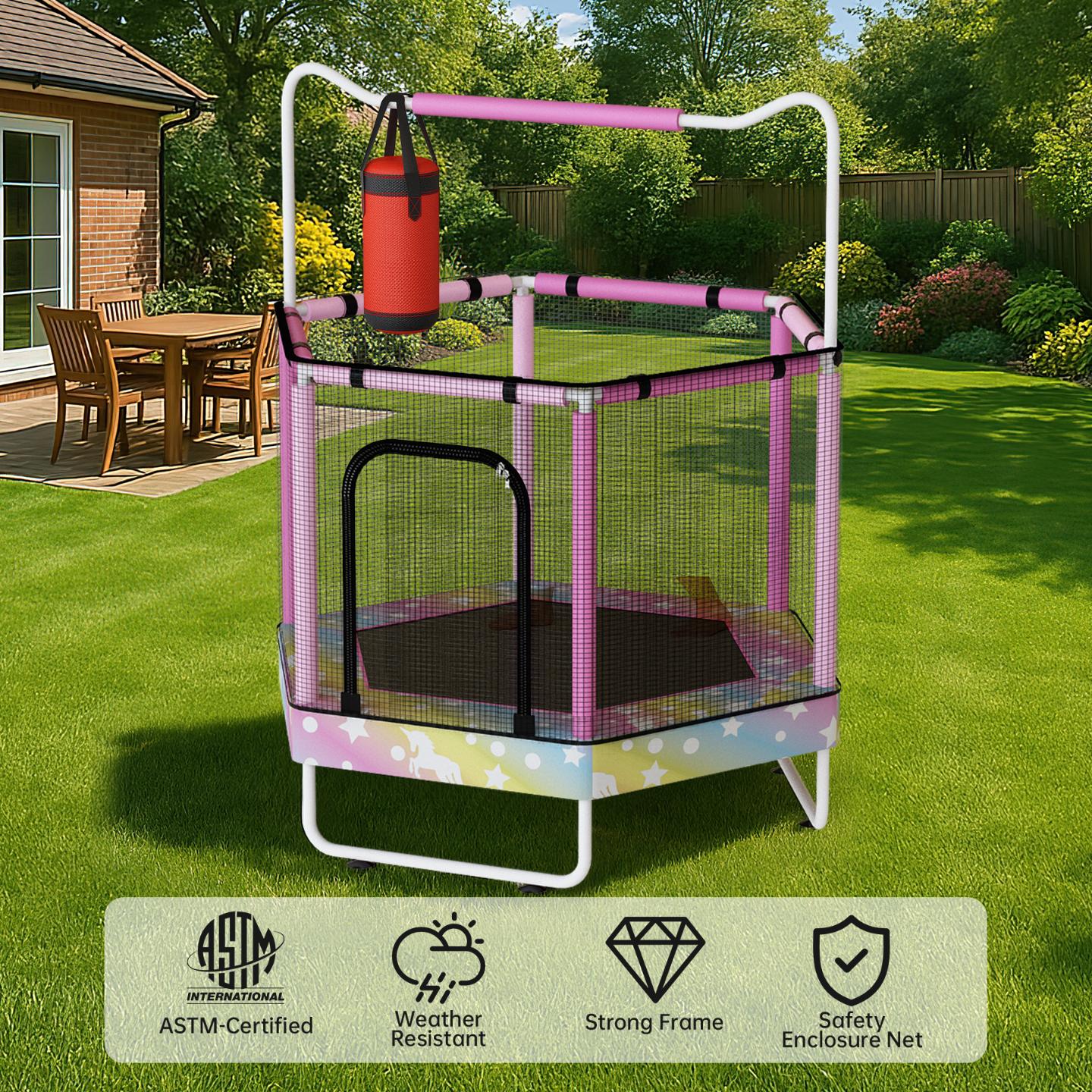 AWQM 55" Hexagon Trampoline, Indoor/Outdoor Trampoline, Safety Enclosure Net and Adjustable Handrail, 500lbs Capacity, 7-in-1