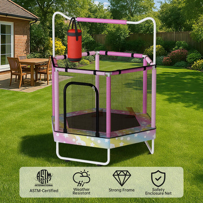 AWQM 55" Hexagon Trampoline, Indoor/Outdoor Trampoline, Safety Enclosure Net and Adjustable Handrail, 500lbs Capacity, 7-in-1