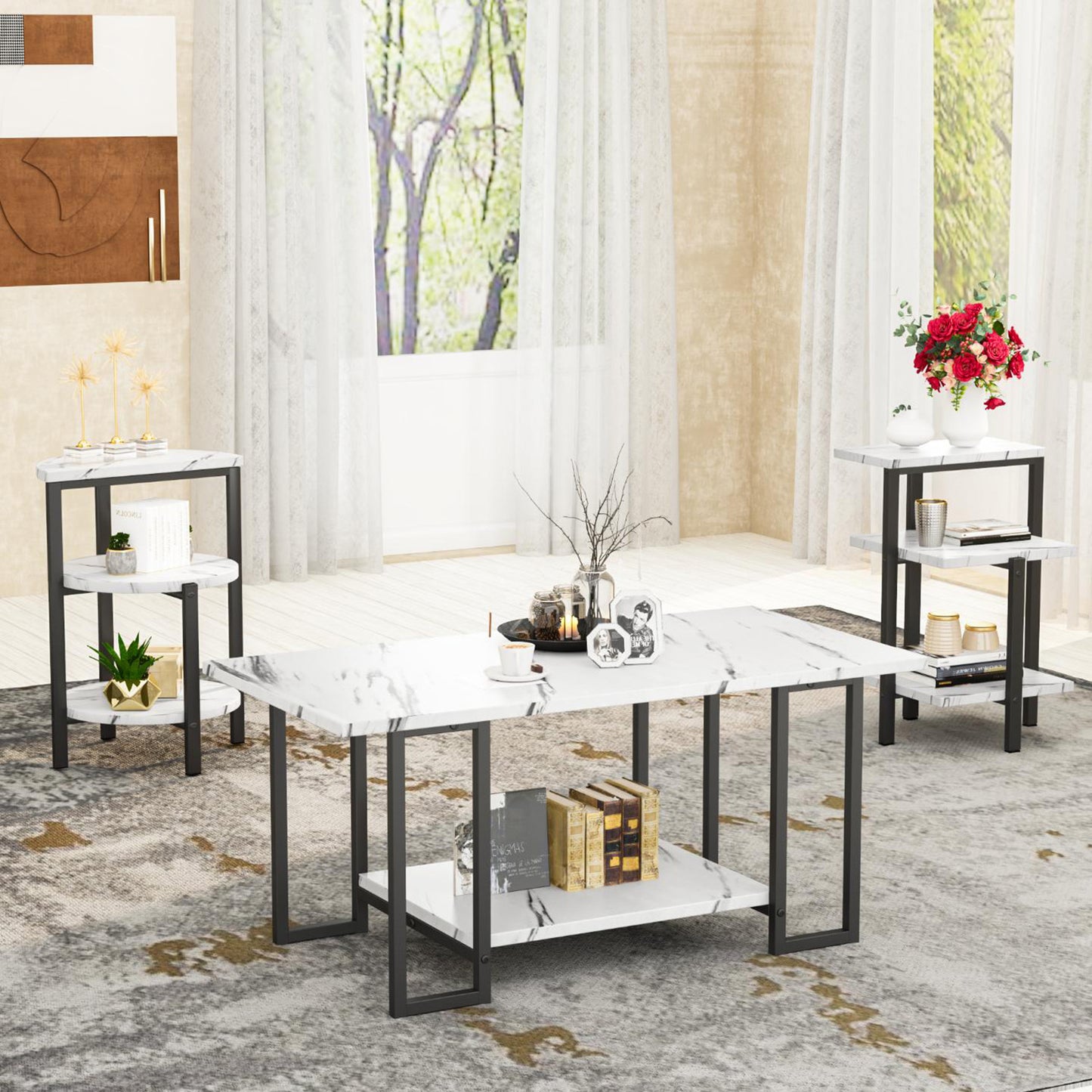 AWQM Faux Marble Table Set,Coffee Table & 2 Side Table, Faux Marble Tabletop and Metal Frame, 3 Piece Table Sets, for Living Room Apartment