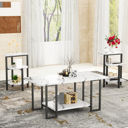 AWQM Faux Marble Table Set,Coffee Table & 2 Side Table, Faux Marble Tabletop and Metal Frame, 3 Piece Table Sets, for Living Room Apartment
