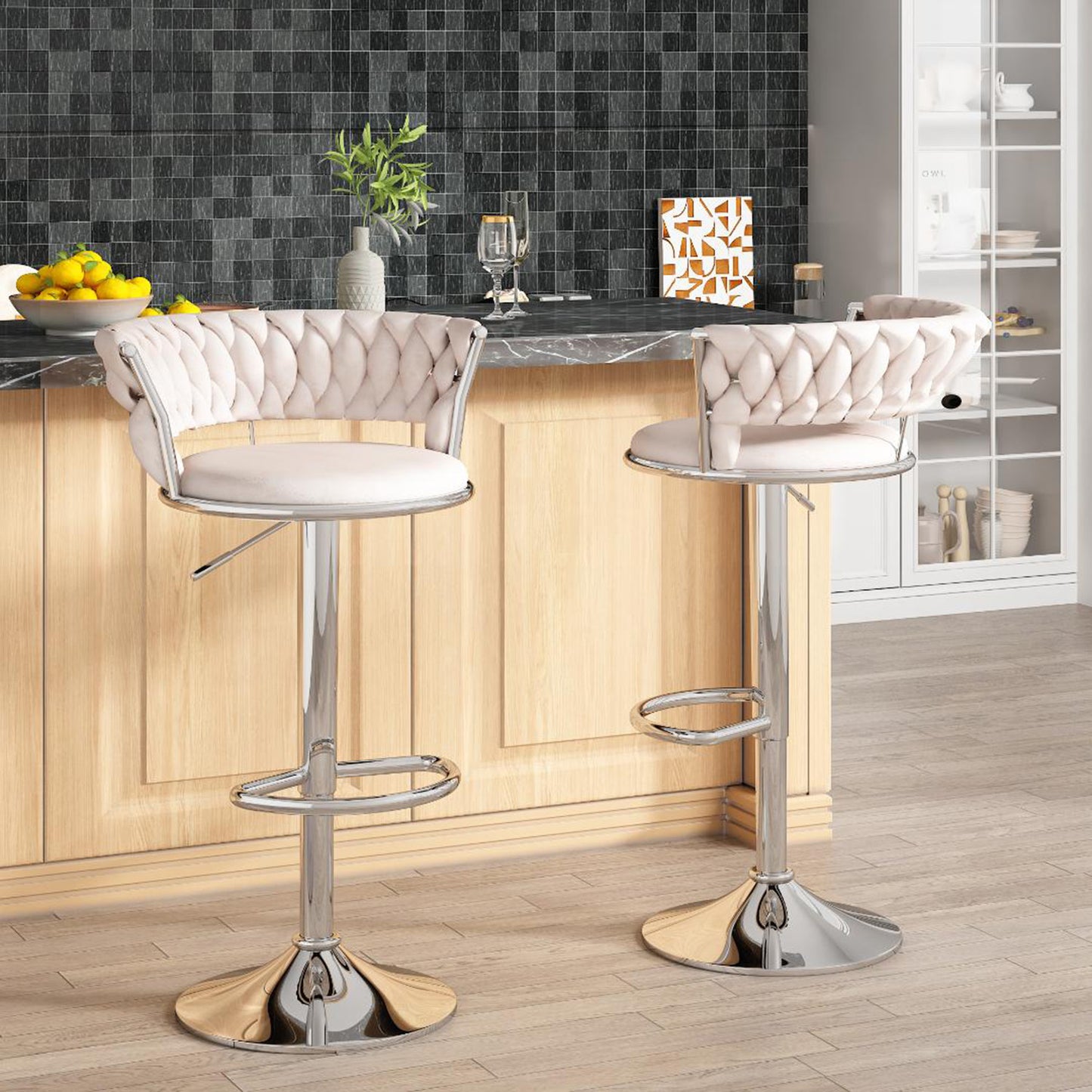 AWQM Velvet Bar Stools Set of 2 - Adjustable Height Swivel Kitchen Stools with Low Back for Dining Room, Breakfast Bar, Home Decor, and Entertaining Guests