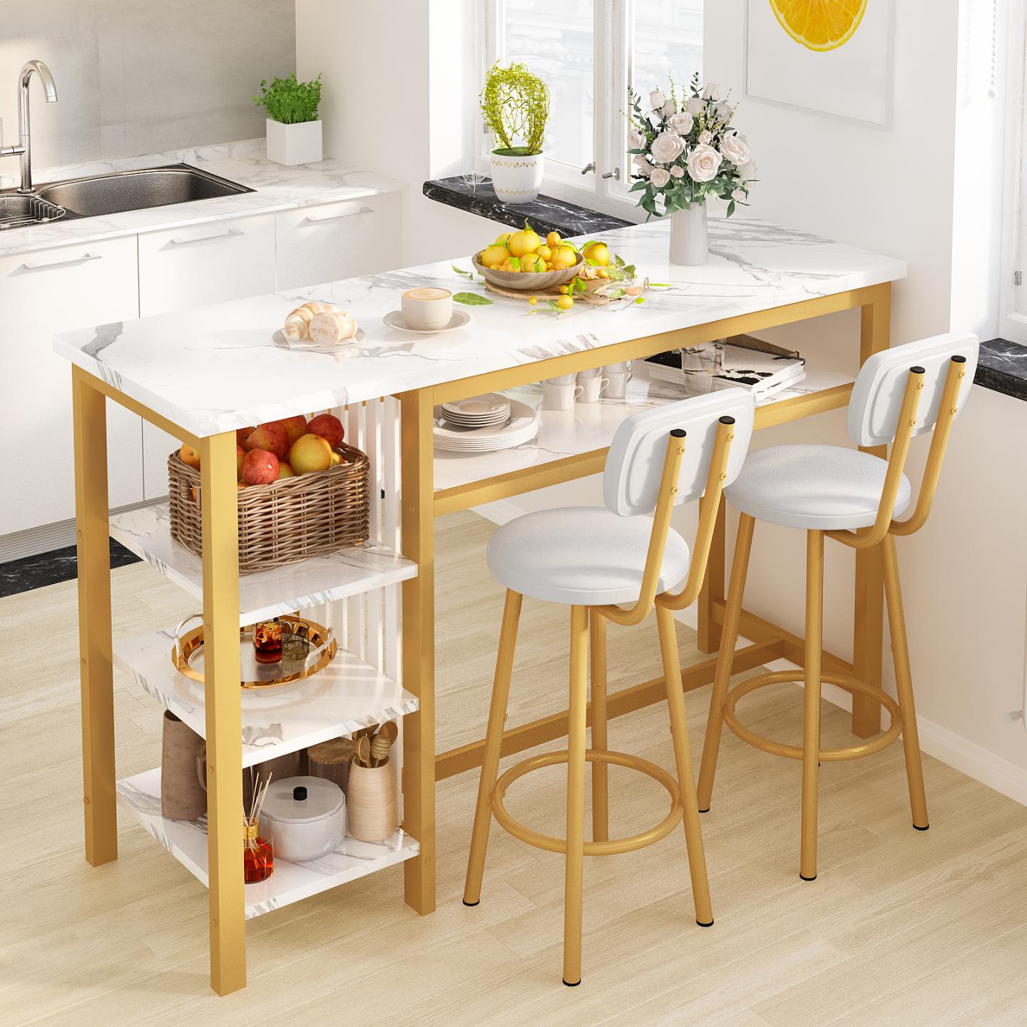 AWQM Bar Table and Chairs Set with Backrest for 2, Kitchen Counter Height Table Set with 4 Storage Shelves, Modern Pub Table with 2 PU Upholstered Stools for Kitchen, Dining Room, Rustic Brown+Black