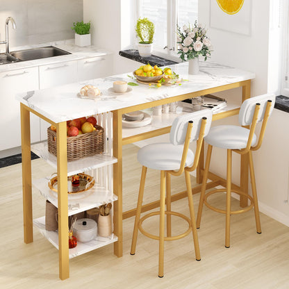AWQM Bar Table and Chairs Set with Backrest for 2, Kitchen Counter Height Table Set with 4 Storage Shelves, Modern Pub Table with 2 PU Upholstered Stools for Kitchen, Dining Room, Rustic Brown+Black