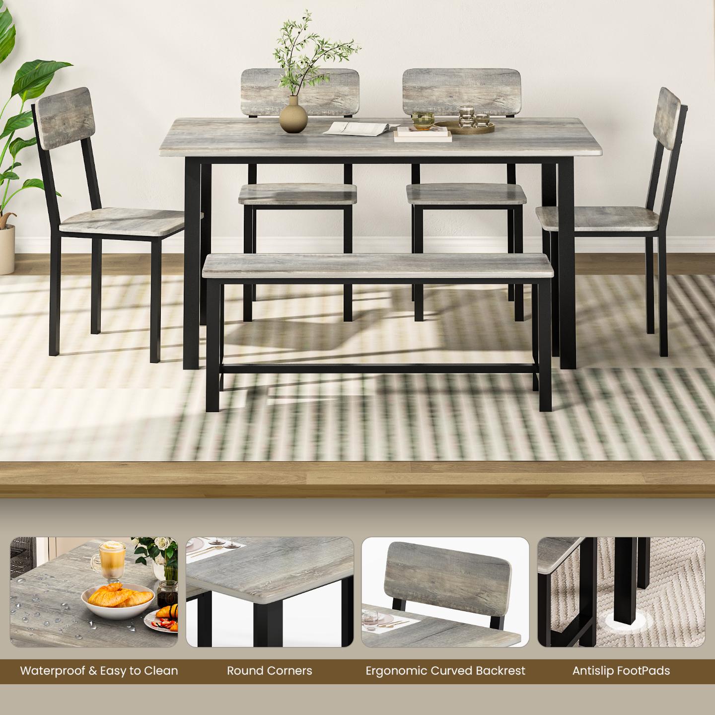 AWQM 6-Piece Dining Set, Modern Dining Table Set for 4-6,Kitchen Table Set with Chairs and Bench,Dining Room Table Set with Metal Frame & MDF Board, Table & Chairs Set for Small Space,Apartment,Grey
