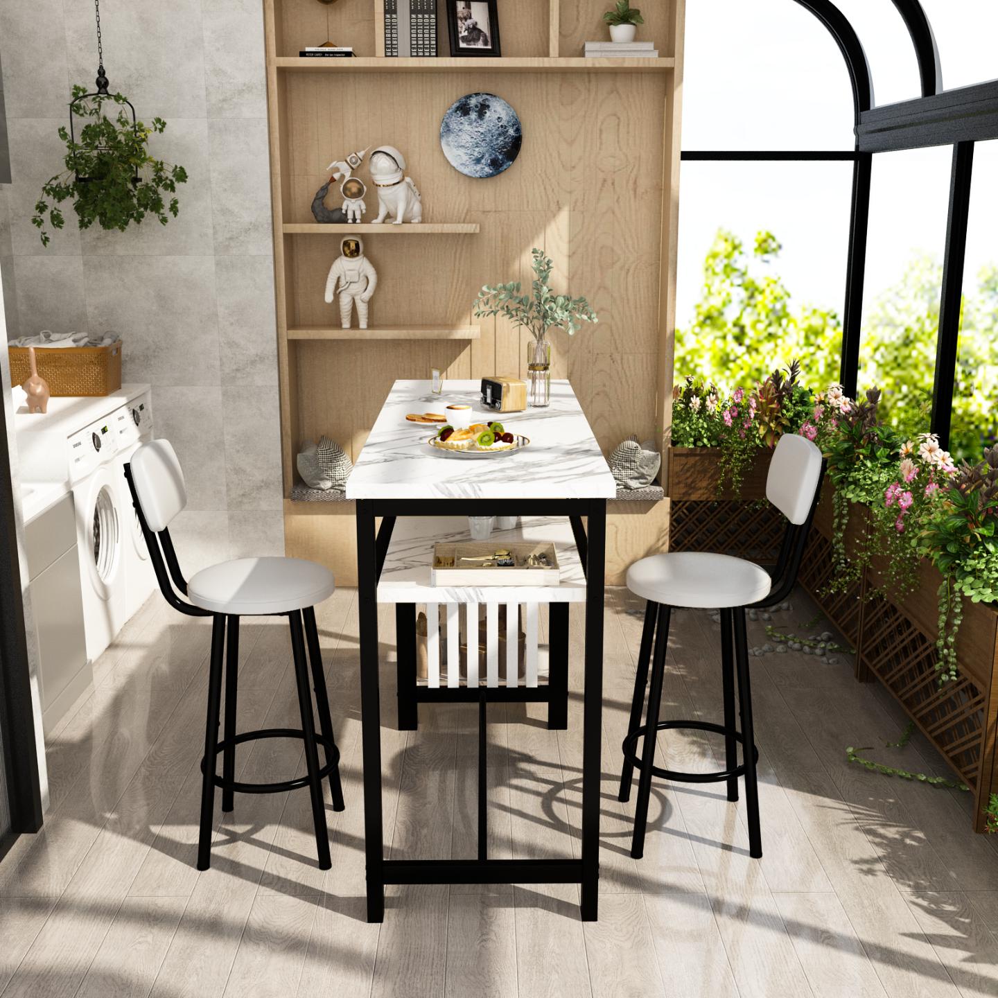 AWQM Bar Table and Chairs Set with Backrest for 2, Kitchen Counter Height Table Set with 4 Storage Shelves, Modern Pub Table with 2 PU Upholstered Stools for Kitchen, Dining Room, Rustic Brown+Black
