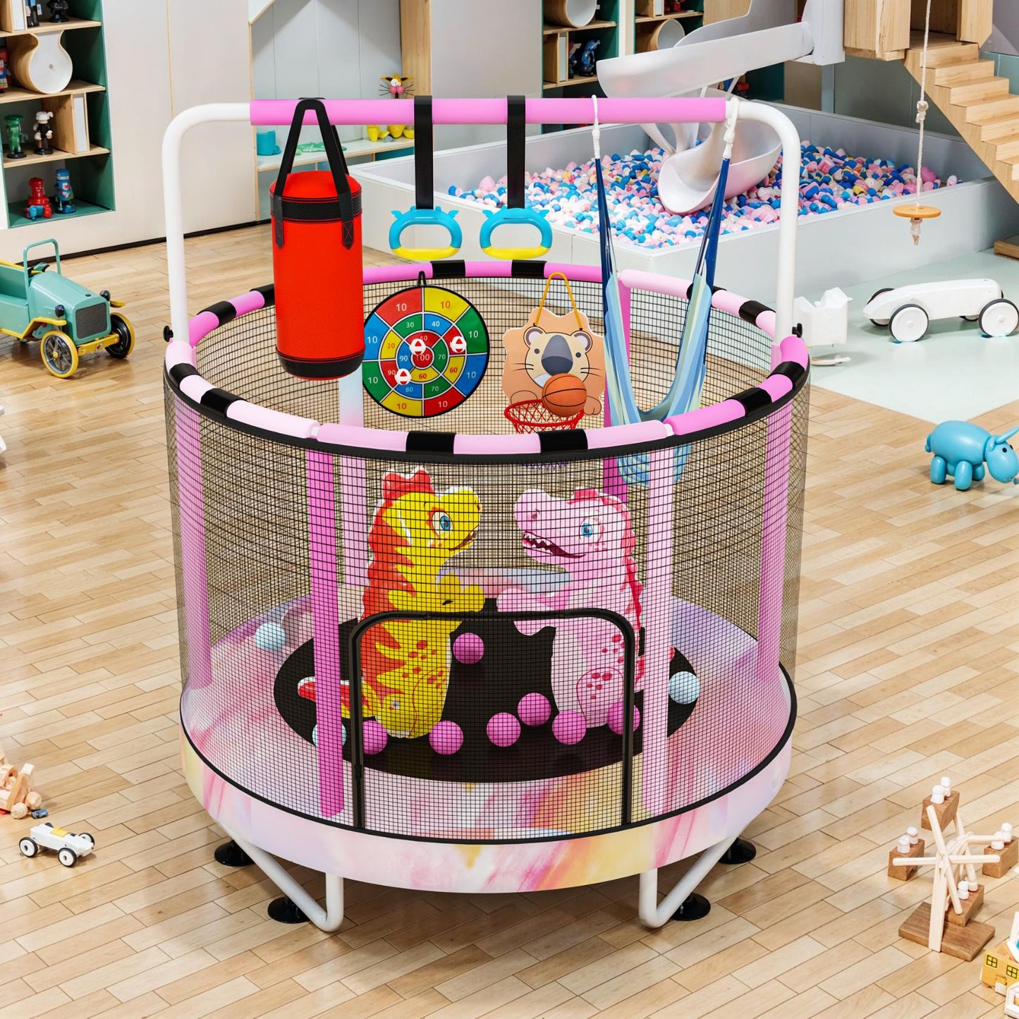 AWQM 55" 7-in-1 Round Trampoline for Kids Boys & Girls Ages 1-8, Indoor & Outdoor Trampoline for Fun, Adjustable Height Handrail ＆ Enclosed Safety Net ＆ Durable Designs for Toddlers Children